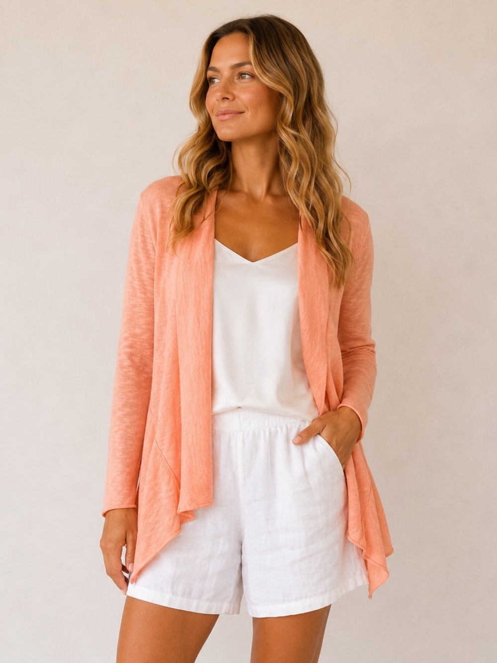 Eileen Fisher Linen Open Cardigan Peach Asymmetrical Exposed Seam S
